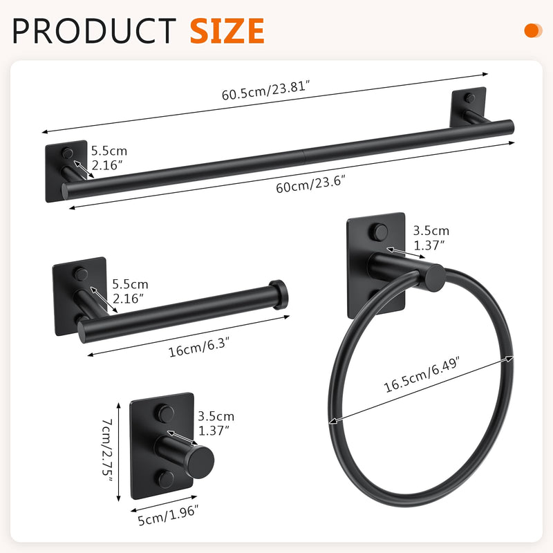 5 Pieces Bathroom Hardware Accessories Set Matte Black Towel Bar Set Stainless Steel Wall-Mounted 23.6 Inch Towel Holder