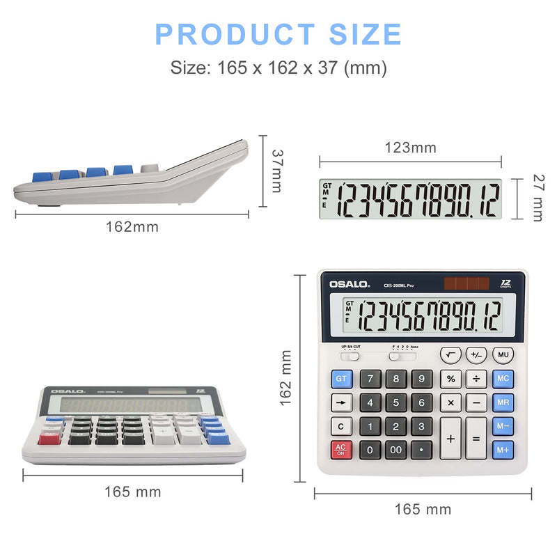 OSALO Desktop Calculator Accounting Big Buttons Extra Large Display VAT Tax Function 12 Digit Solar and Battery