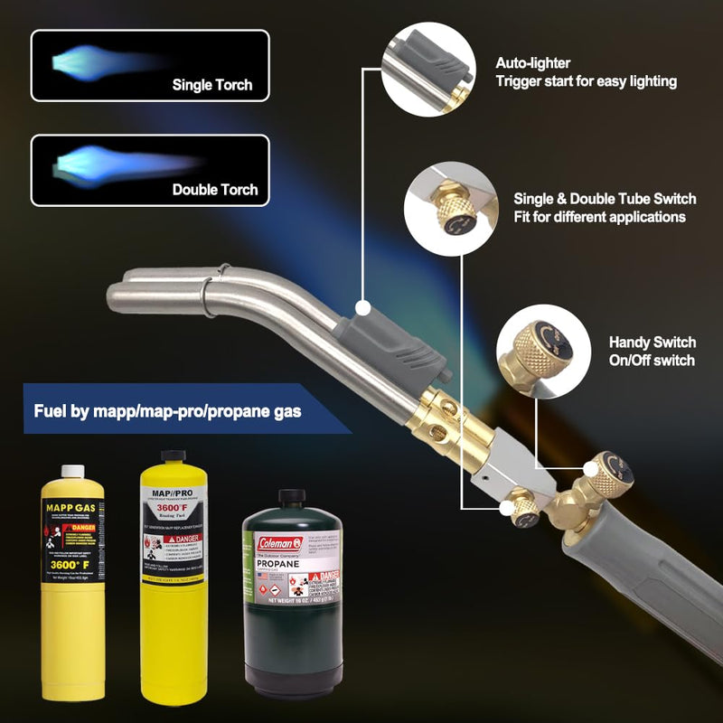 Double Heads Mapp Gas Torch Turbo with 5ft long Hose WT-10, Map Torch Turbo Tips Mapp Gas Propane Head Handheld