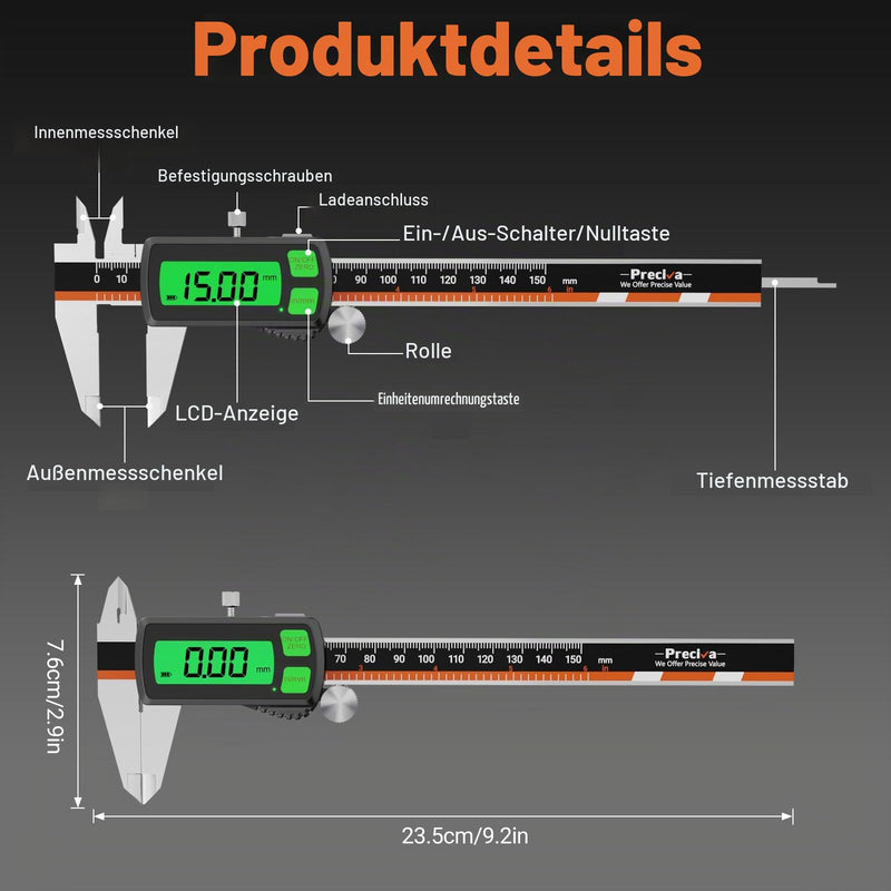 Preciva Digital Caliper 150mm Rechargeable | Backlit | Touch Screen Digital Calliper with High Quality LCD Display Electronic Caliper