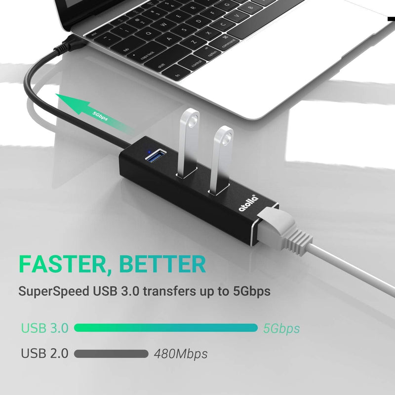 USB 3.0 Hub with Gigabit Ethernet — 3-Port SuperSpeed USB-A Hub + USB-C Adapter, 5Gbps Data Transfer, Plug-&-Play, Aluminum Design — Compatible with MacBook Pro/Air, Dell XPS, Surface, Chromebook