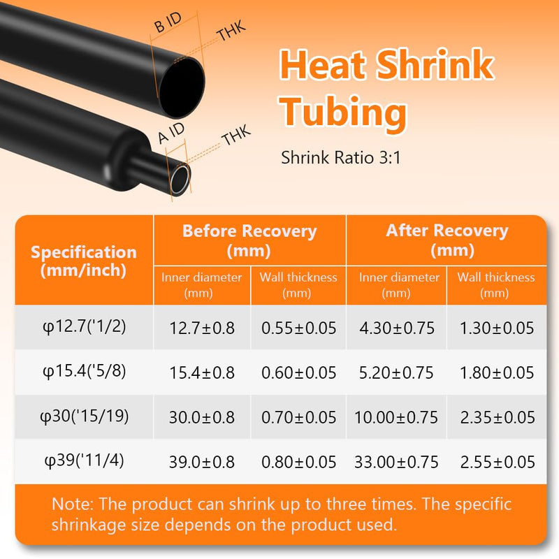 Adiwo 3:1 heat shrink tubing, Ø12.7 mm, 1.5 m length, shrink tubing, waterproof cable, connecting shrink tubing, insulating tape, black for cable insulation, marking, cable bundling, repair (Ø30.0 mm), Ø30.0 mm