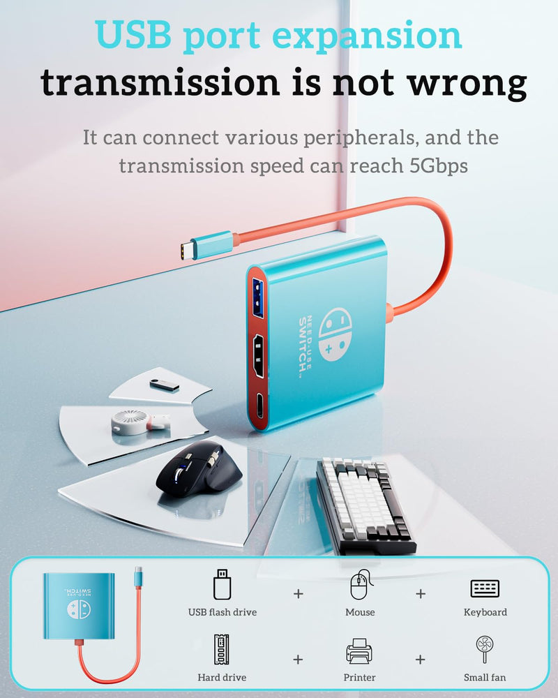 TV Dock for Switch 2, Docking Station for Switch/Switch OLED/Steam Deck/MacBook, Portable TV Adapter ＆ Travel Dock, Compatible with Nintend0 Switch 2, Supports 4K@60Hz HDMI 2.0a HDR, 100W PD, USB 3.0 Blue