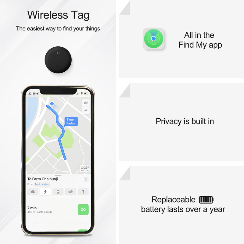 2 pack Smart Air Tracker for Apple Find My (iOS Only), Key Finder Item Locator for Luggage,Wallet,Bicycle and More, IPX6 Waterproof, Size 1.26 x 1.26 x 0.31 inches (Black) Black