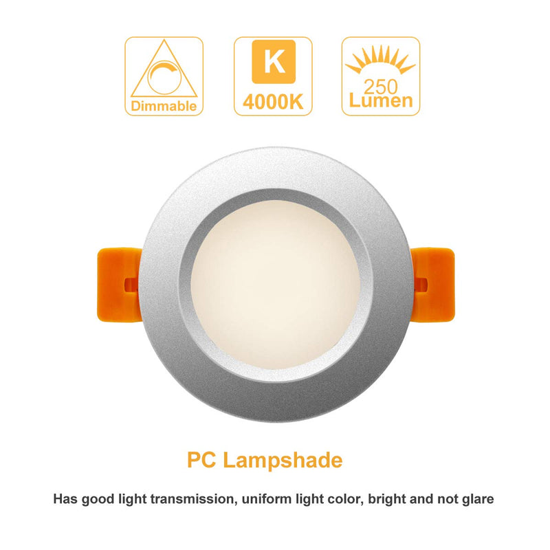 2 Inch LED Recessed Lighting, Dimmable Downlight 3W(35W Halogen Equivalent), 4000K Natural White Ceiling Light, CRI80, Silver Trim with LED Driver(4 Pack) 4000k (Natural White) Silver-2Inch-4Pack