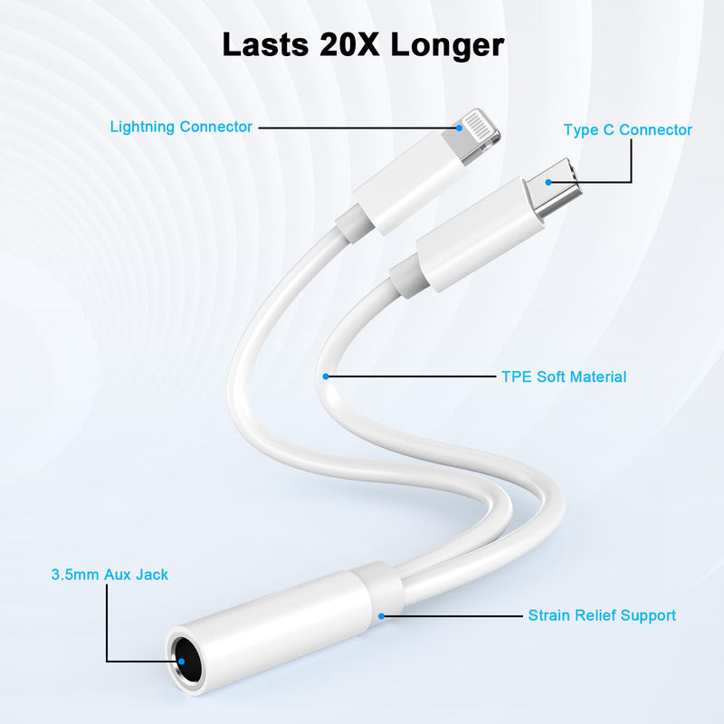 [Apple MFi Certified] 2-in-1 iPhone Headphone Adapter, Lightning/USB Type C to 3.5 mm Headphone Jack Adapter, iPhone Aux Adapter Converter Dongle Audio Cable for iPhone 15 14 13 12 11 XS XR X 8 7 iPad