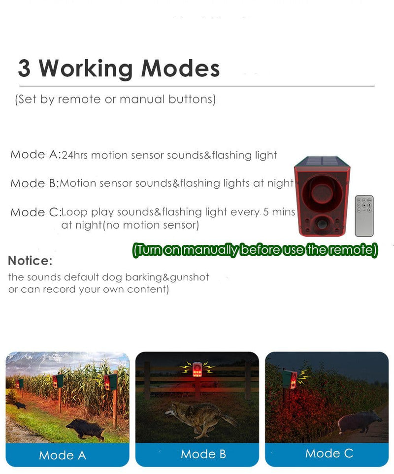 HULPPRE Solar Outdoor Motion Sensor Alarm-Dog Barking&Gunshot Sound,Support Recording&±Volume,130db Loud Noise Maker,3 Work Modes Strobe Light with USB,Say Goodbye to The Intruders Recording/volume± alarm