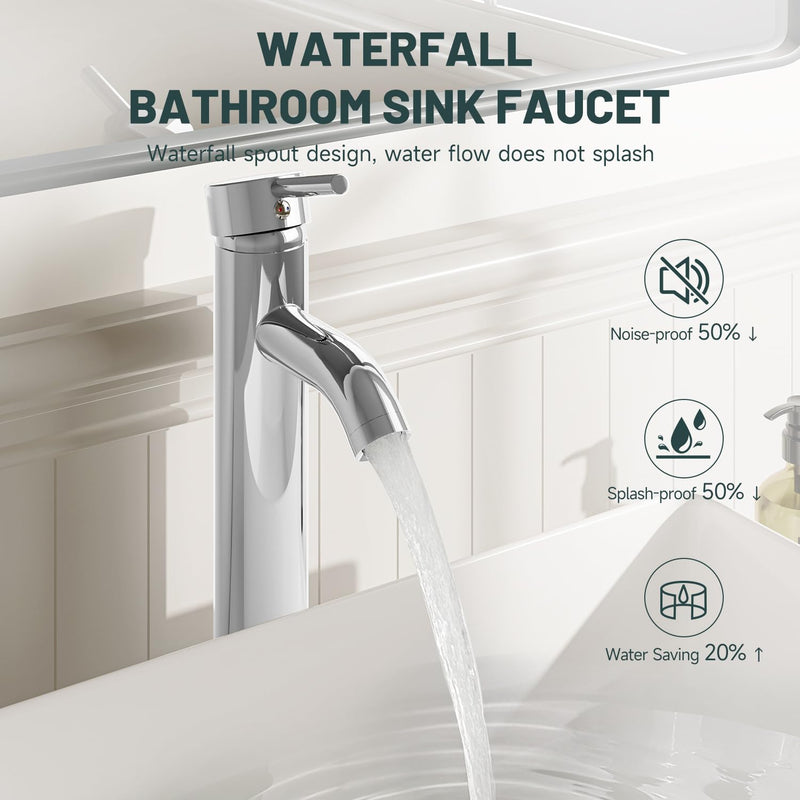 Chrome Bathroom Faucet, Greenspring Vessel Sink Faucet One Hole Single Handle Sink Faucets Modern Commercial Lavatory Vanity Bowl Faucets with Supply Line, Brass, Tall Body Chrome High-No Drain Set