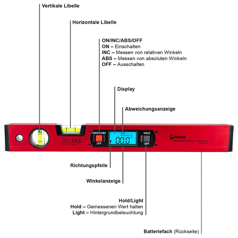 SCHMIDT security Tools Electronic Spirit Level Protractor - Inclinometer - Digital LCD Display - Combination Meter - Vertical and Horizontal Level - Angle Scales - Magnetic Scales Model WW400