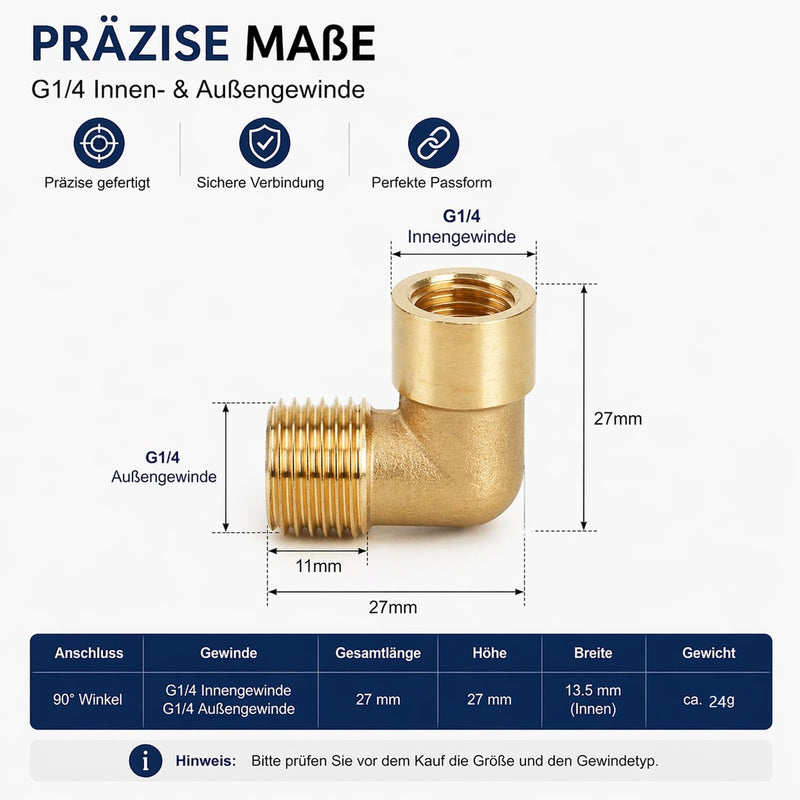 Brass Angle 90°, 1/4 Inch Bend, Brass, 1/4 Inch Female Thread to 1/4 Inch Male Thread BSP, Brass Plug 90 Degree Angle Pipe Connector, for Pipe Connection, Water Tank, Garden, Gas, Pack of 2