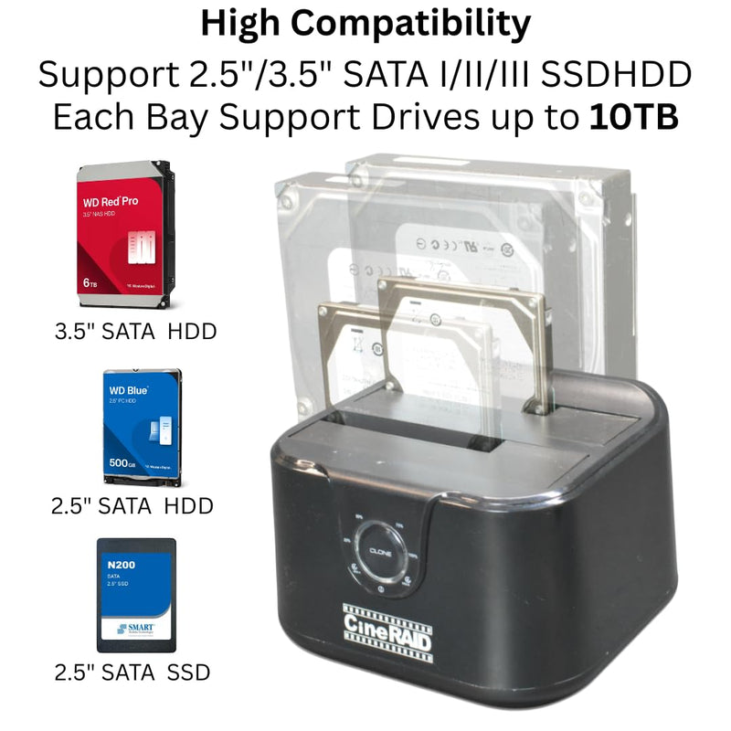 CR-H232 USB 3.2 Gen 1 5Gbps Dual Bay SATA HDD/SSD Docking Station & Duplicator – One-Touch Clone, 2.5"/3.5" SATA I/II/III, Compatible up to 10TB+ Hard Drives, Windows/macOS/Linux Compatible