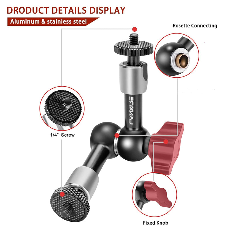 5.6”/14.3cm Adjustable Friction Magic Arm with 1/4" Screw - Compatible with Camera Cage, Flash/LED Light/Microphone/Monitor/SuperClip - Max Load 4.4lb/2kg