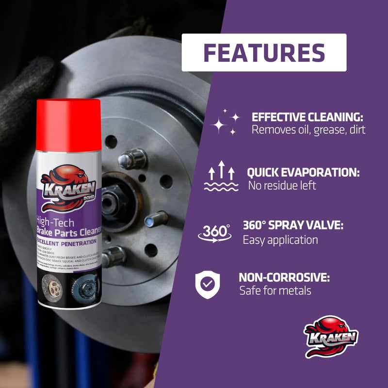 KRAKEN BOND Brake Parts Cleaner Spray - (1x12.3 fl.oz) Non-Flammable, Non-Staining, Non-Chlorinated, Non-Corrosive, Oil-Dust-Rust Remover for Disc, Caliper, Spring, Clutch, Rotor, Pad, 1 Pack