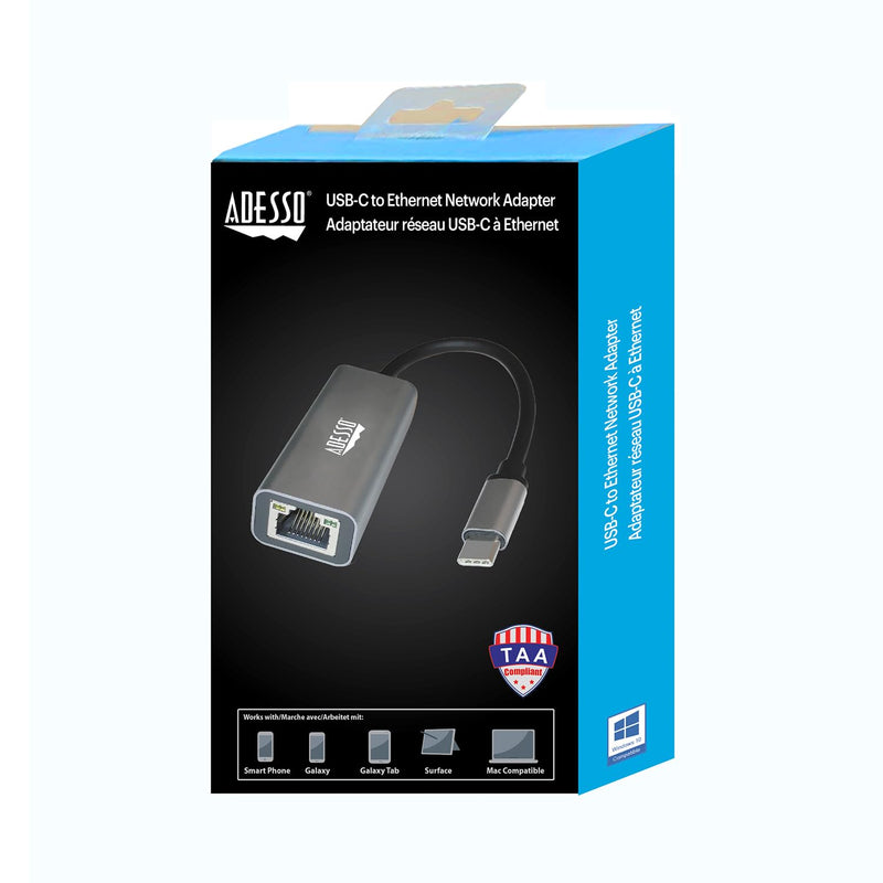 Adesso AUH-5000 USB-C to Ethernet Network Adapter - Gigabit Speed, Aluminum Alloy Case, LED Indicator, Plug & Play, Compatible with Windows, Mac OS, Chrome OS, Linux - TAA Compliant