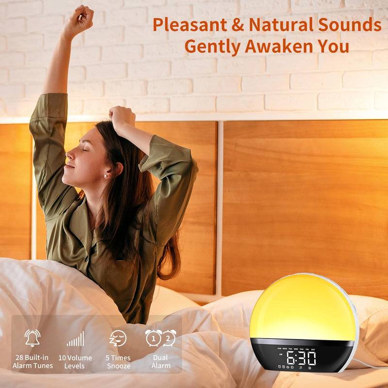 FM Radio Sunrise Alarm Clock Sound Machine Wake-Up Light Sunrise Sunset Simulation Adjustable Volume Brightness Sleep Aid 13 Colors 23 Sounds 28 Tunes Snooze Dual Alarm 4 Timers