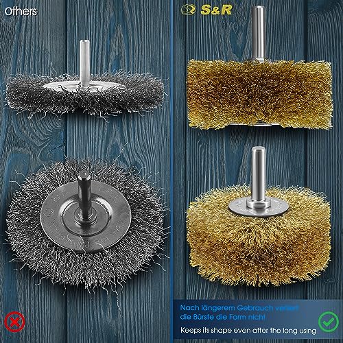 S&R Steel Wire Round Brush Grinding Brush Brass 80 mm x 35 mm | Brass Plated Wood Texture Brush, 0.25 mm Corrugated, Round Shaft 8 mm, Wire Brush for Wood, Metal, Stainless Steel, Plastics 80x35 mm