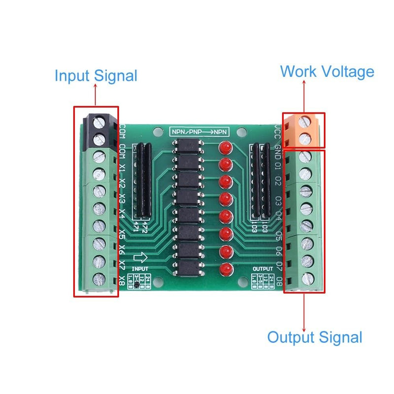 Optocoupler isolation module, DC 12V-24V 8-channel optocoupler isolation board, 8-channel NPN low high level output signal converter