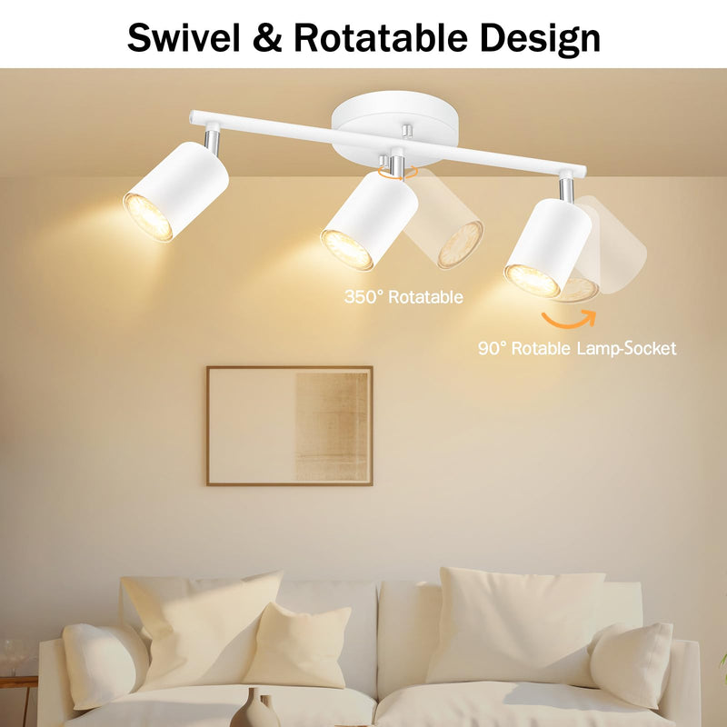BoostArea LED 3 Light Track Lighting Kit, White 3 Way Ceiling Spot Lighting, Flexibly Rotatable Light Head for Kitchen, Living Room, Bedroom, GU10 Bulb Not Included 3 Light-white