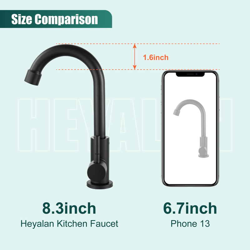 Heyalan Cold Water Only Kitchen Faucet, SUS304 Stainless Steel Bar Sink Faucet, Single Handle High Arc Gooseneck, 1 Hole Deck Mount, Matte Black, 8.3 Inch for Bar, RV, Laundry, Outdoor