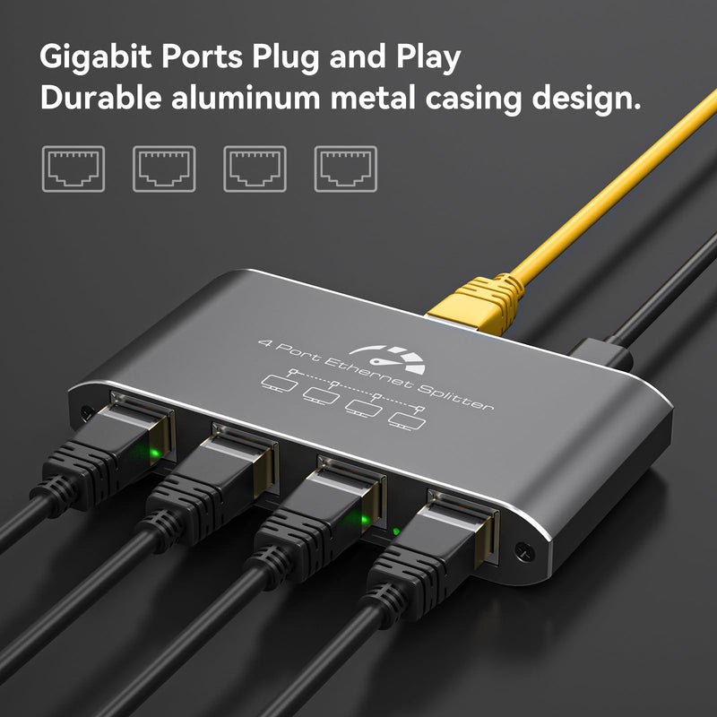 Ethernet Splitter 1 to 4 1000Mbps High Speed Internet Splitter, Gigabit Network Splitter with an Ethernet Cable and a USB Power Cable, 1 in 4 Out LAN RJ45 Splitter Work with Cat 6/7/8 Cable