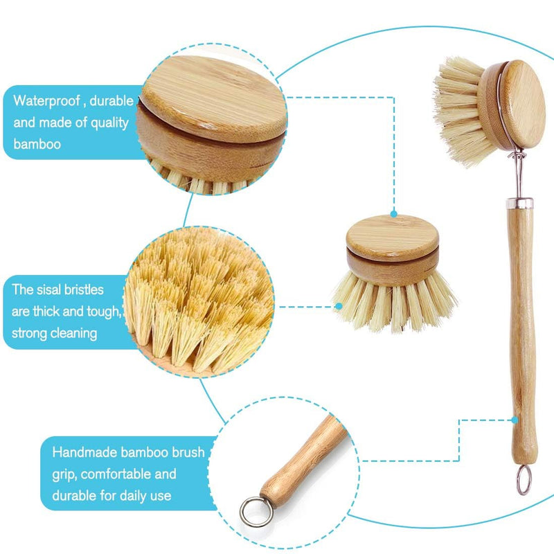Dish Brush with Wooden Handle, Bamboo Kitchen Cleaning Brush, Natural Dish Scrub Brush for Vegetable, Pots and Pans, Scrubber,Includes 5 Replacement Brush Heads (5Pcs)