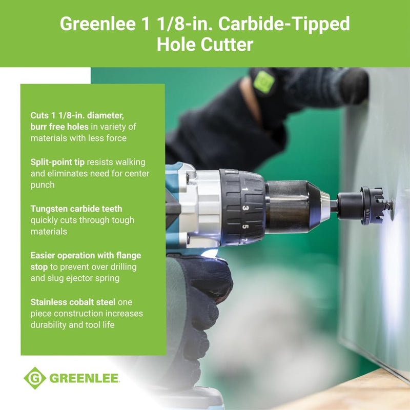 Greenlee 625-1-1/8 Durable One-Piece Carbide-Tipped Hole Cutter for 3/4" Conduit, 7/8" Stainless Steel Metal Cutting Hole Saw with Tungsten Carbide Teeth 1-1/8-Inch