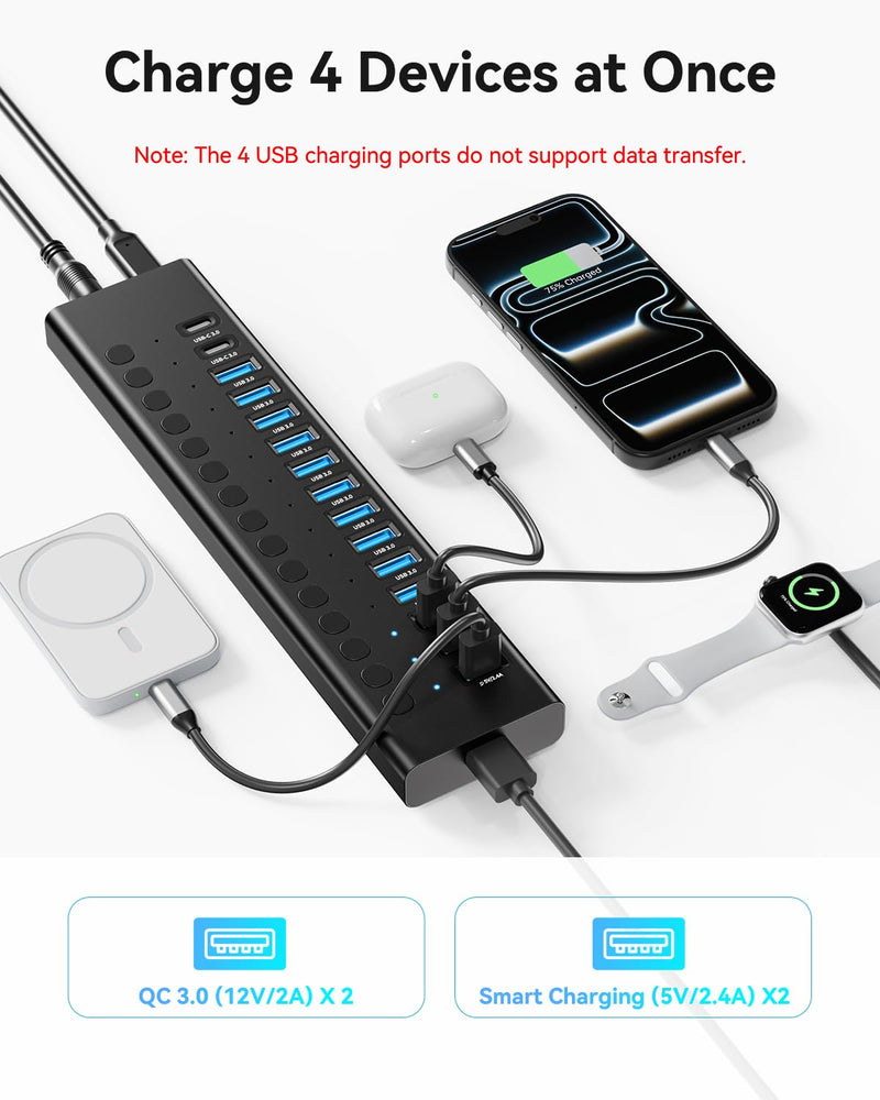 Powered USB Hub, 16-Port USB C Hub Splitter (10 USB 3.0+2 Quick Charging+2 Smart Charging+2 USB C) with Individual Switches, 90W Power Adapter for PC