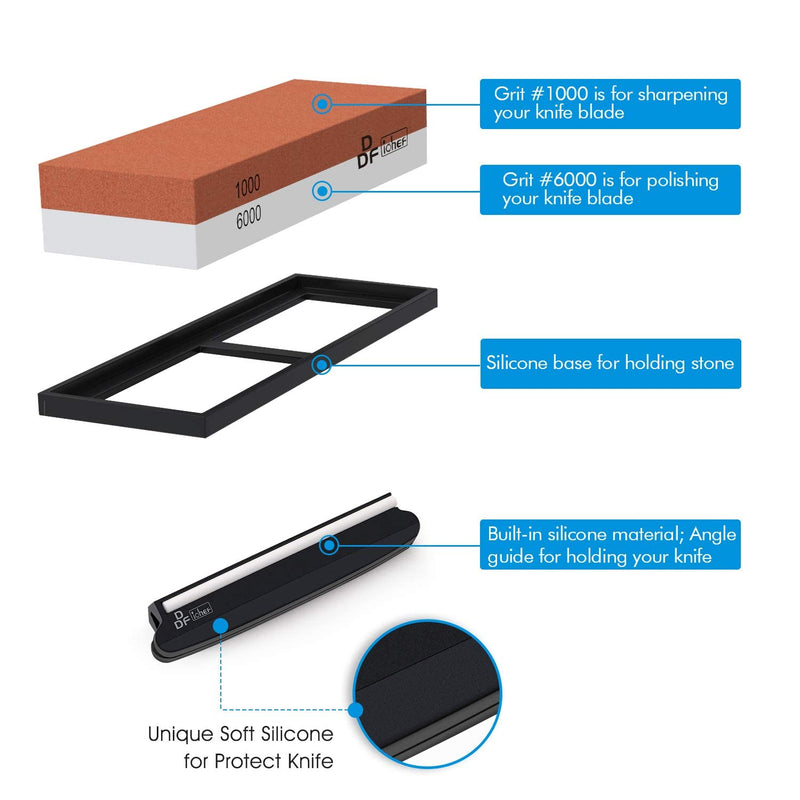 DDF IohEF whetstone, grit 1000/6000 sharpening stone, professional 2-in-1 double-sided knife sharpener with non-slip silicone holder and knife holder for knives