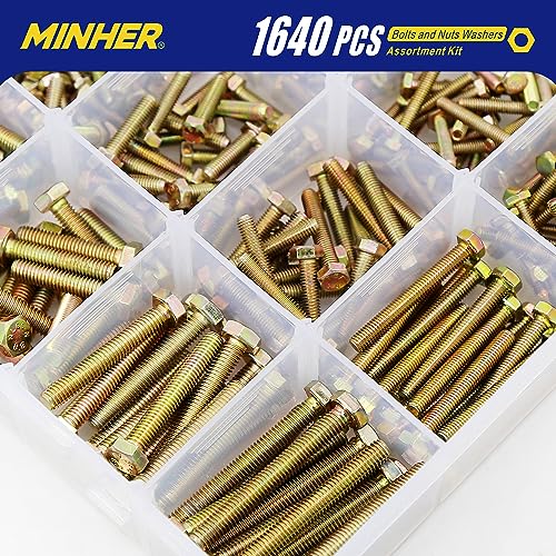 MINHER 1640PCS M4 M5 M6 Bolts and Nuts Assortment Kit Grade 8.8 Alloy Steel Hex Screws Nuts & Washers,Includes 15 Regular Sizes (Large Box) M4, M5, M6 (1640PCS)