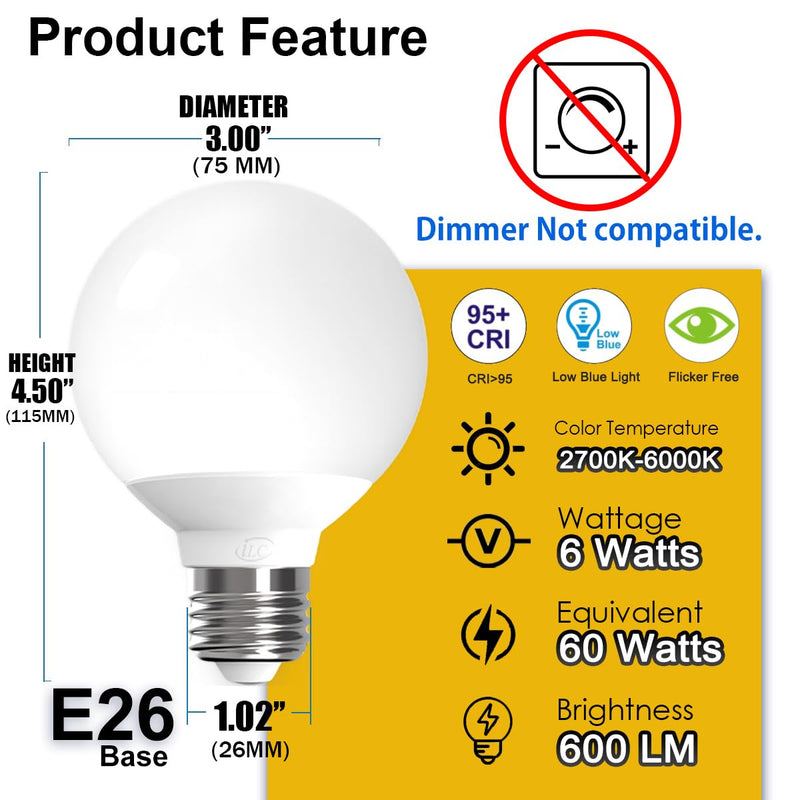 ILC G25 Globe Light Bulbs, App-Controlled LED Bulb with Bluetooth Mesh, 6W, 60W Equivatlent, 600LM, CCT: 2700K-6000K, CRI>95+, E26 Base, 120V for Vanity, Pendant fixtures, Bathroom (6 Pack)