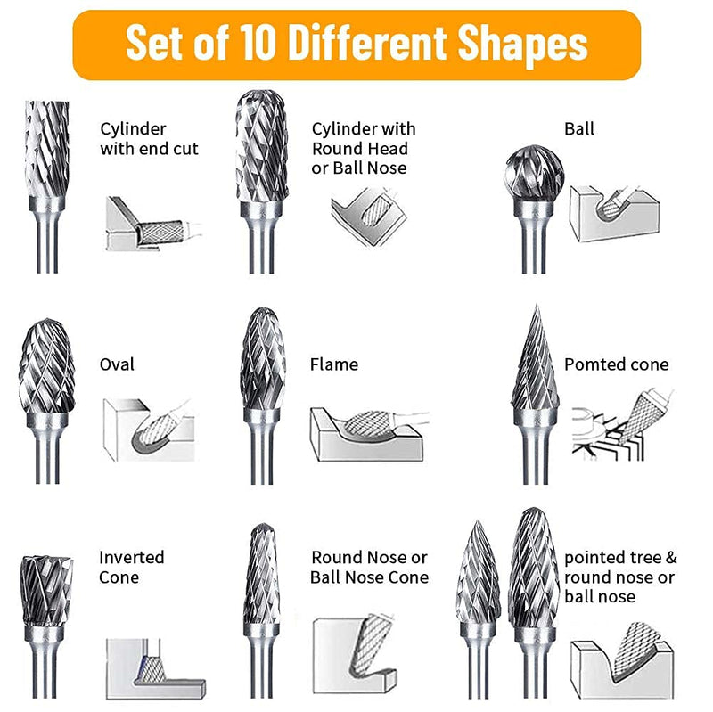 Double Cut Carbide Burrs, 10pcs Tungsten Carbide Rotary Burr Set with 3mm Shank 6mm Grinding Head for Wood & Stone Carving, Steel Metalworking