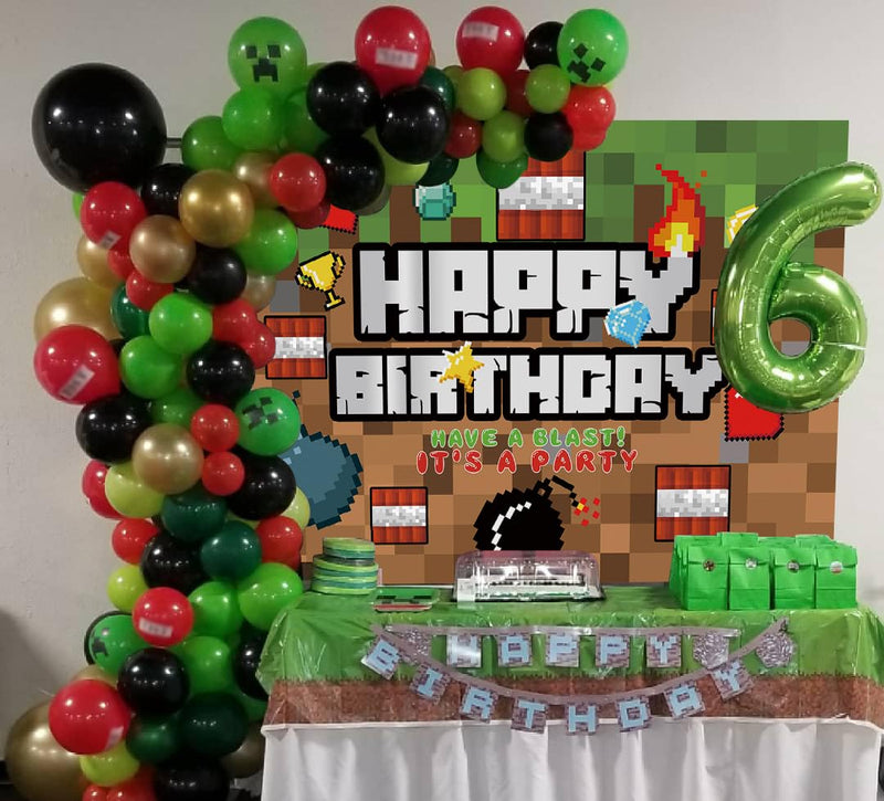 Pixel Happy Birthday Backdrop Video Game Themed Party Photography Background Kids Boy Birthday Video Gaming Battle Gamer Party Supplies Cake Table Decor Banner (7X5FT) 7X5FT