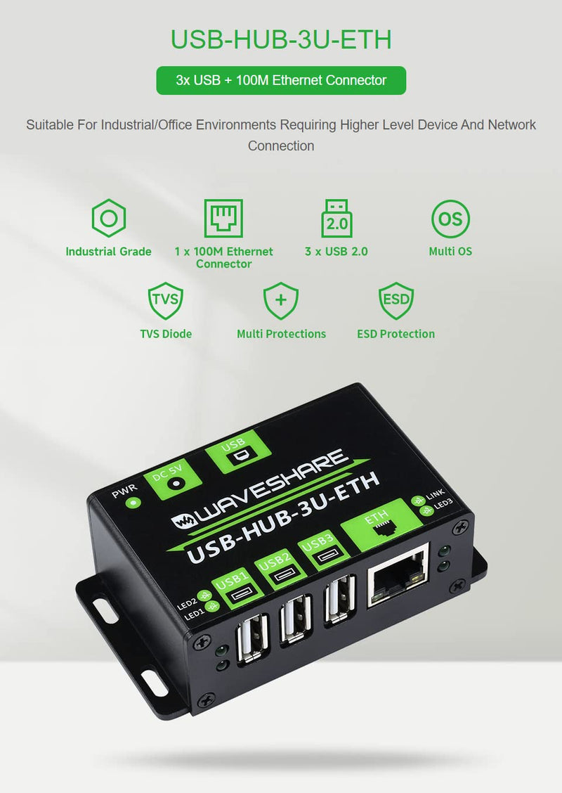 Waveshare Industrial Grade Multifunctional USB HUB Extending 3X USB Ports + 100M Ethernet Port Suitable for Industrial/Office Environments Requiring Higher Level Device Without Power Supply