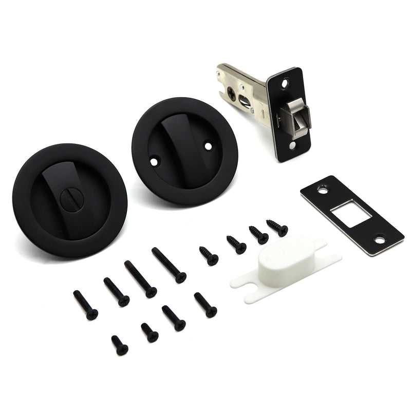 Dontay 2 Pack Pocket Door Privacy Lock, Flush Handles, 2-3/8" Backset, (Bed/Bath) Latch, Recessed Knob, Hardware for 1 3/8” to 2 3/16” Thickness Door (Excluding Edge Pull, Matte Black, Round) Round - 2 Pack Excluding Edge Pull