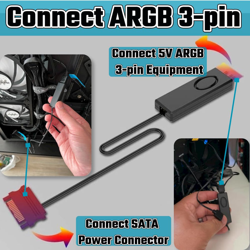 Mini ARGB Controller 3‑Pin RGB 5V Controller with Monochrome Horse Rainbow 10+ Modes SATA Power for PC Fan, Light Strip, Light Plate,Water/Air Cooled Radiator