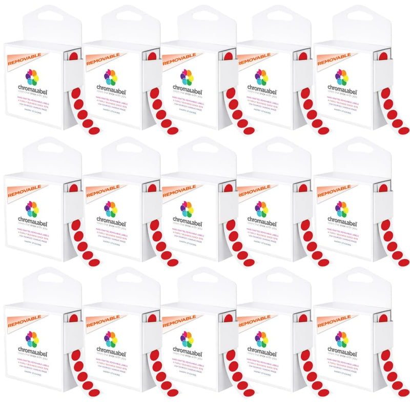 ChromaLabel 1/2 Inch Round Colored Sticker Dots, Removable Sticky Color Coding Labels, Small Red Dot Stickers - 1000 Labels per Dispenser Box, Red - Case of 15