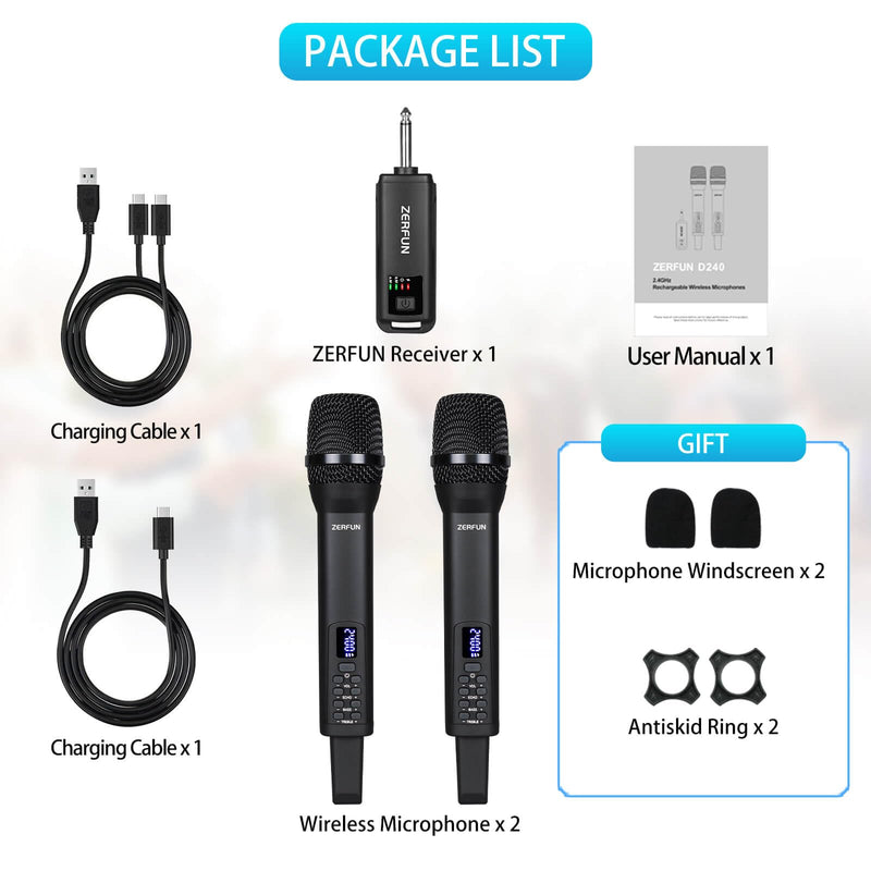 Rechargeable Wireless Microphones Dual, Pro Handheld Cordless Mics System Dynamic with Echo Treble BASS VOL Control for Karaoke Singing Church Party, 1/4'' Output, D240, Black 2 Mics, Black