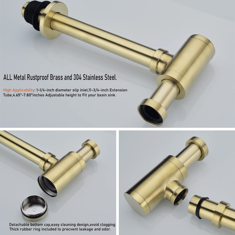 Brass Round Bottle P Trap, Basin Sink Waste Trap Drain Tube Kit Adjustable Height, Brushed Gold Finished