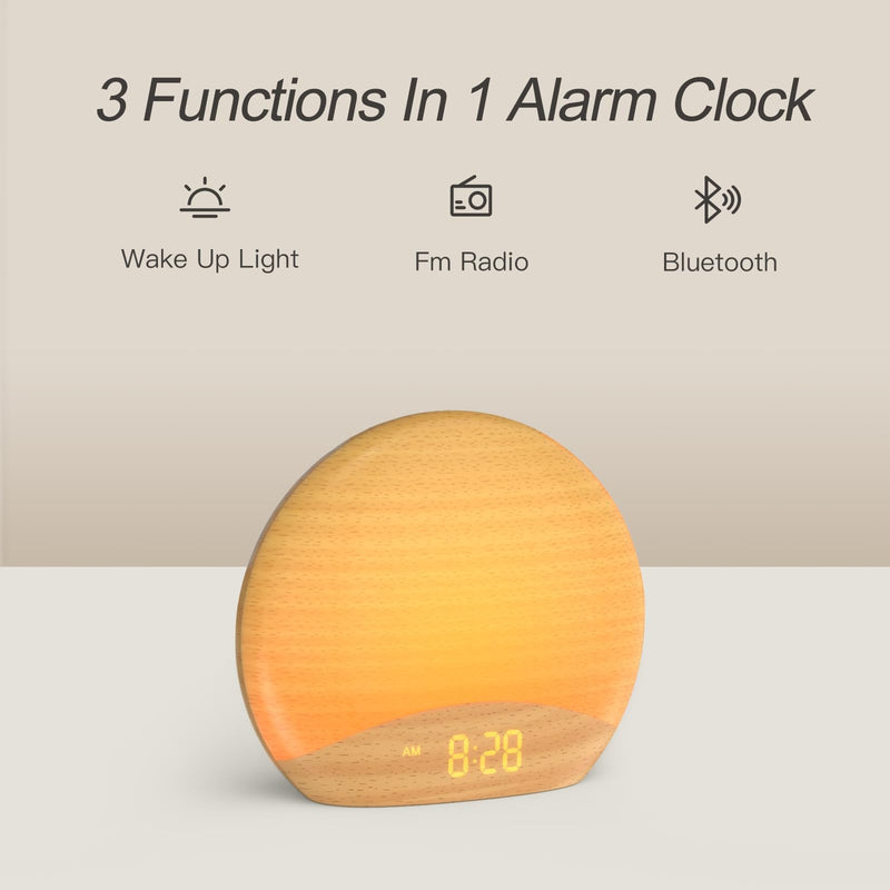 HOUSBAY Wood Grain Sunrise Alarm Clock- Natural Wake Up Light, FM Radio, Bluetooth Speaker, Dimmable Nightlight & Display- Soothing Morning Routines
