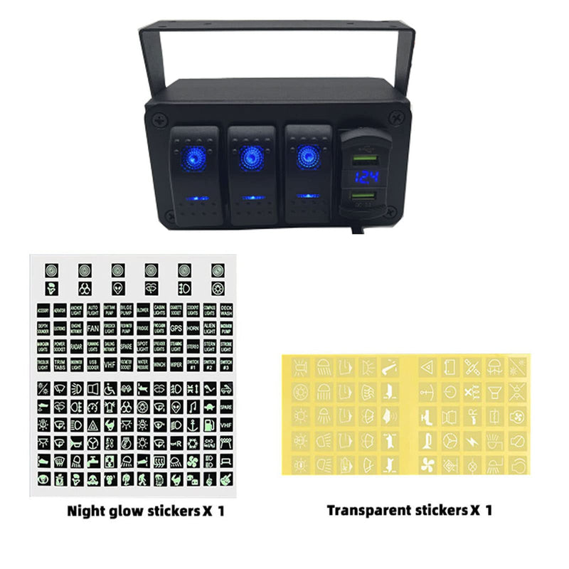 Marine Boat Panel 3 Gang Rocker Switch Box 12V ON Off Switch Quick Charge 3.0 Dual USB Charger Voltmeter Waterproof Aluminum Rocker Switch Panel Night Glow Stickers for Boats RVs Trucks Cars 3 Gang Switch Box