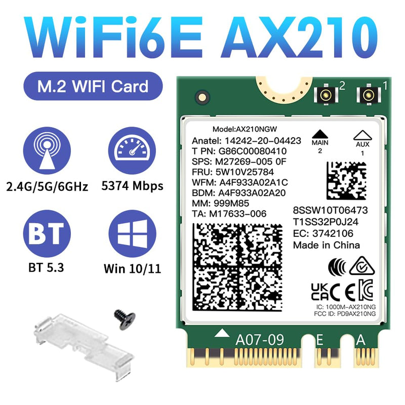 Wi-Fi 6E AX210NGW Wireless WiFi Card BT5.2 M.2 2230 Tri-Band Expands WiFi to 6GHz 160MHz 802.11ax ac MU-MIMO AX210 AX5400Mbps wifi 6E Network Card Better AX200NGW for PC Laptops Only for Windows 10 11