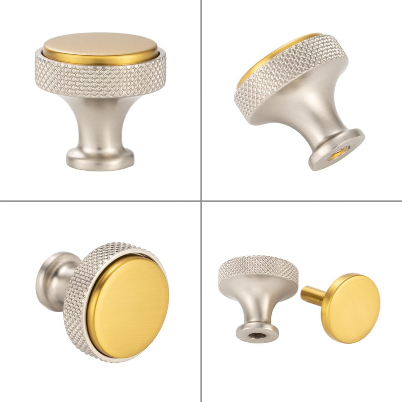 KOOFIZO 10 Pack Gold and Nickel Kitchen Cabinet Knobs Brushed Gold and Silver Drawer Knobs K28 Knurled Round Single Hole Cabinet Pulls for Cabinets Drawers Dresser Cupboard Bedroom Bathroom Brushed Gold + Brushed Nickel Knob