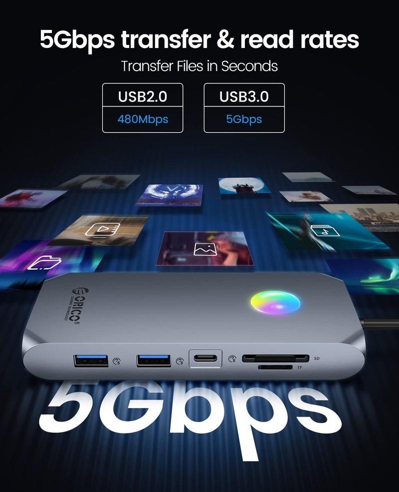 Docking Station USB C to Dual HDMI Adapter, ORICO 12 in 1 RGB USB C Hub with Dual HDMI, DP 1.4, 100W PD, Ethernet, 4 USB Ports, SD/TF, Audio, 14 RGB Lighting Modes, Compatible for Windows/Mac OS（Grey） X3 Grey