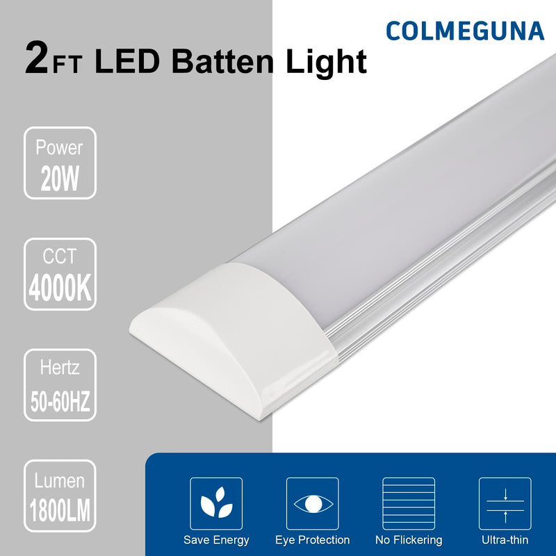 1 Packs 2FT LED Batten Light, Ultra-Thin Ceiling Surface Mounted Light, 20W, Day Light 4000K, IP20, LED Ceiling Lamp for Garage, Shop, Hallway, Office, Market 2 Pack