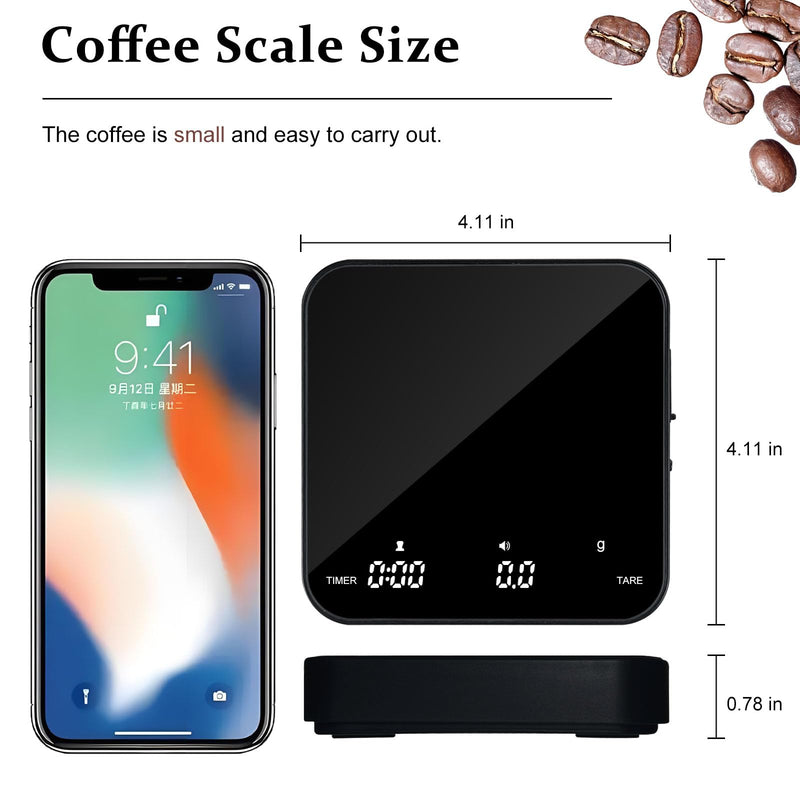 Digital Coffee Scale with Timer/Tare, 2kg/0.1g Precision Espresso Scale, Food Scale Rechargeable, Multiple Modes: Pour-Over/Espresso/Water Flow Speed, LED Display Kitchen Scale with g/oz/ml Black - Tempered Glass