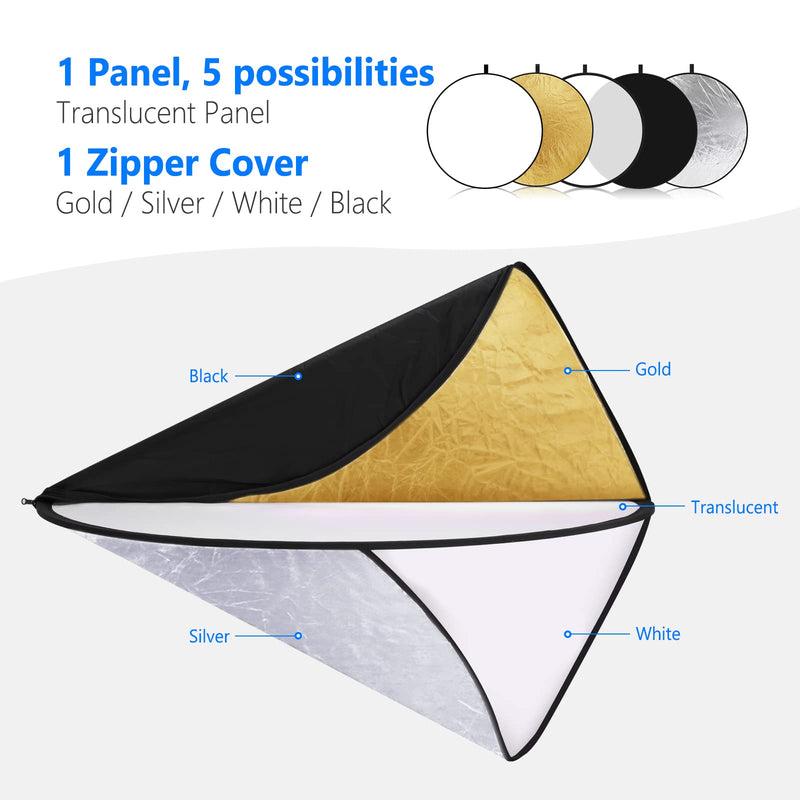 NEEWER 43 Inch/110 Centimeter Light Reflector Diffuser 5 in 1 Collapsible Multi Disc with Bag - Translucent, Silver, Gold, White, and Black for Studio Photography Lighting Outdoor 110cm