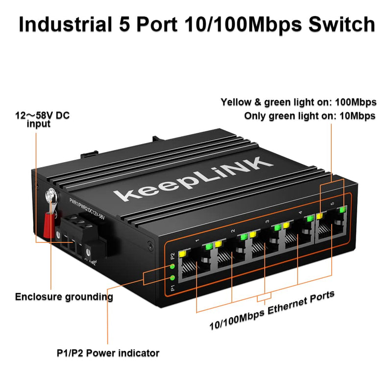 5-Port Industrial Ethernet Switch, Unmanaged 10/100Mbps DIN-Rail Network Switch, IP40, Operating Temperature Range of -30°C– 75°C (-22°F – 167°F) 5 port switch