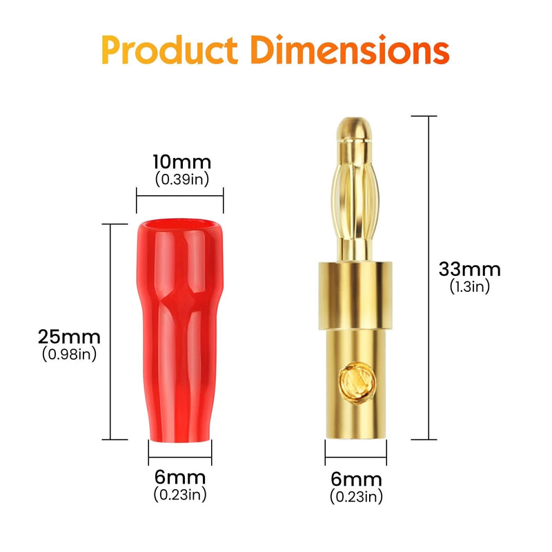 Diospyros 4 mm Gold Plated Open Screw Type Speaker Connector Banana Plugs,12 Count(1 Pack of 6 Pairs)