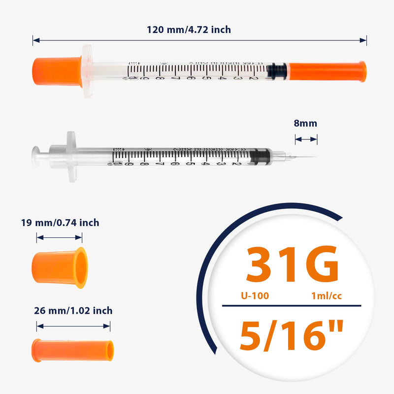 1ml 31G 5/16 Inch 8mm Syringes with Needle, U-100 Lab Tools, Individual Wrapped, Pack of 100 1ml 31G 5/16inch