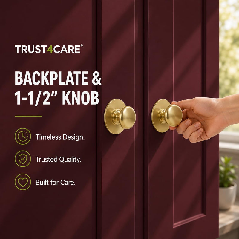 trust4care 8-Pack Brushed Satin Gold Round Large Backplate Rosette Washers of Bifold Cabinet Knob Handles, Thick 2-1/3" Titanium Golden Back Plate Sheets for Pull Doorknobs Set of 8 Brushed Brass